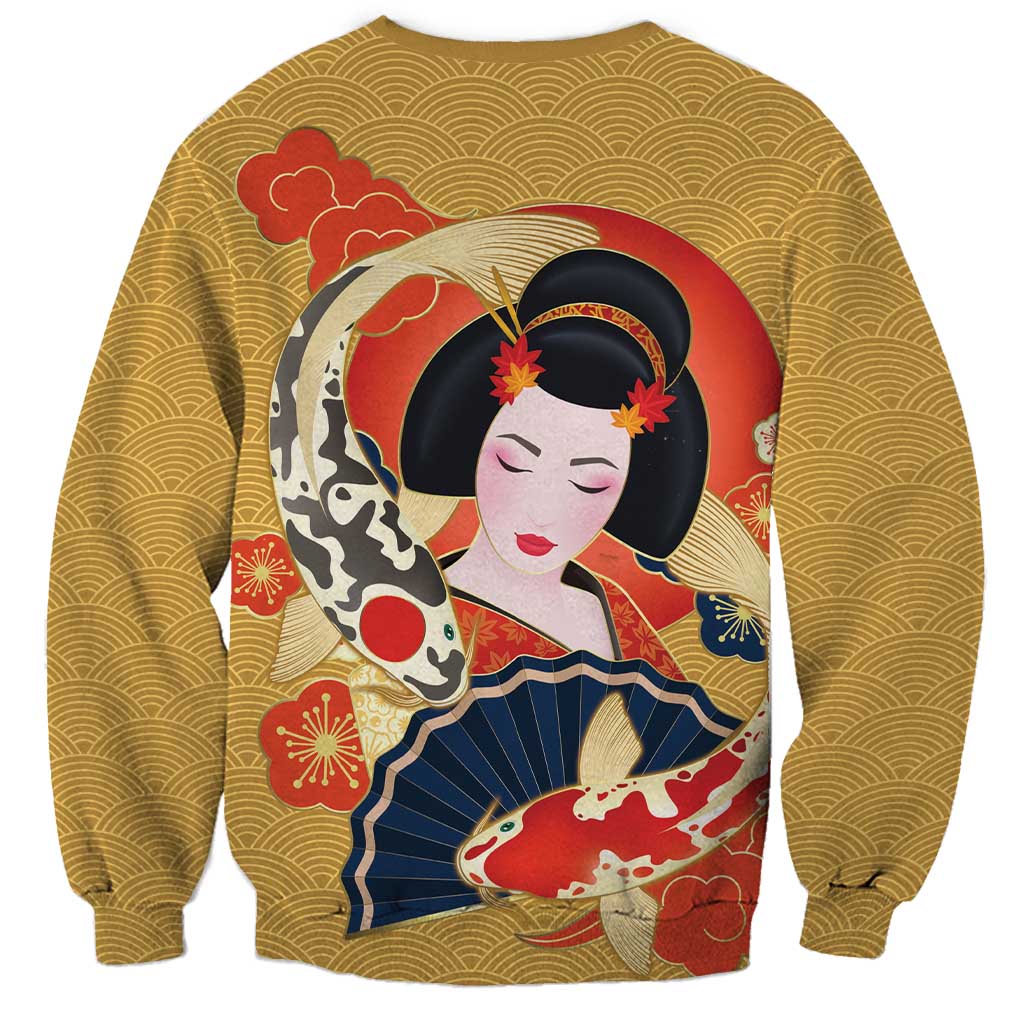 Japanese Geisha Koi Fish Sweatshirt Cherry Blossoms Yellow Seigaiha Pattern - Wonder Print Shop