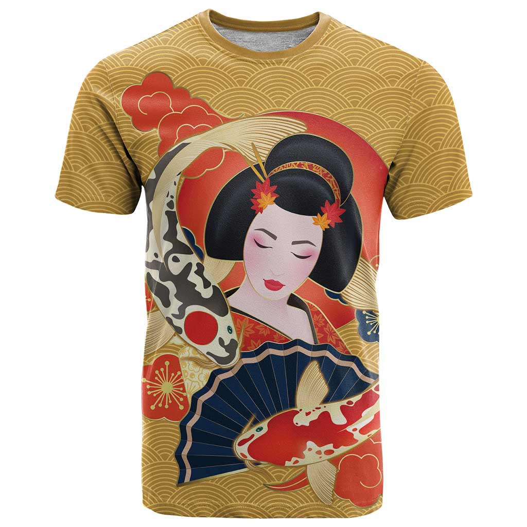 Japanese Geisha Koi Fish T Shirt Cherry Blossoms Yellow Seigaiha Pattern - Wonder Print Shop