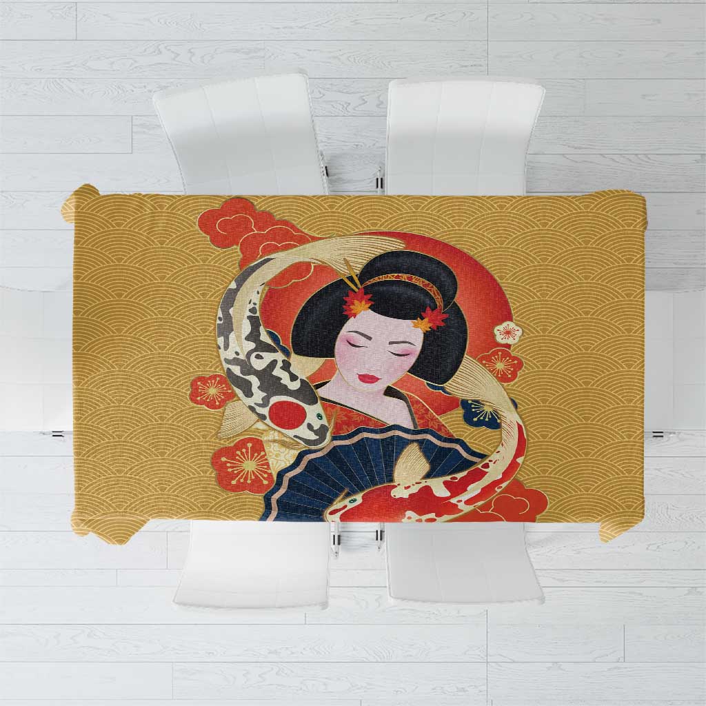 Japanese Geisha Koi Fish Tablecloth Cherry Blossoms Yellow Seigaiha Pattern - Wonder Print Shop