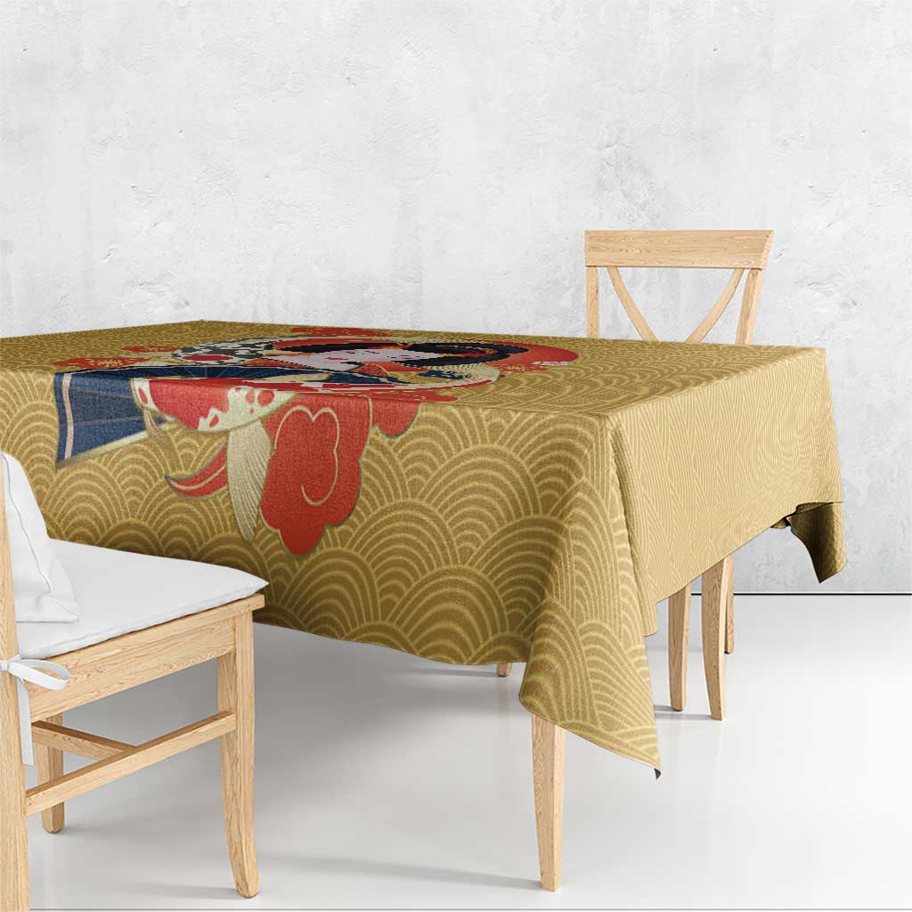 Japanese Geisha Koi Fish Tablecloth Cherry Blossoms Yellow Seigaiha Pattern - Wonder Print Shop