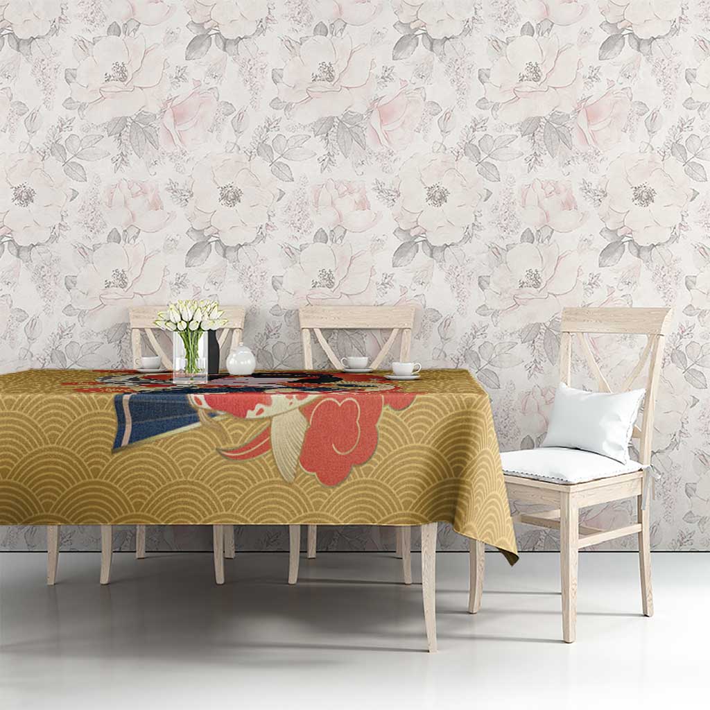 Japanese Geisha Koi Fish Tablecloth Cherry Blossoms Yellow Seigaiha Pattern - Wonder Print Shop