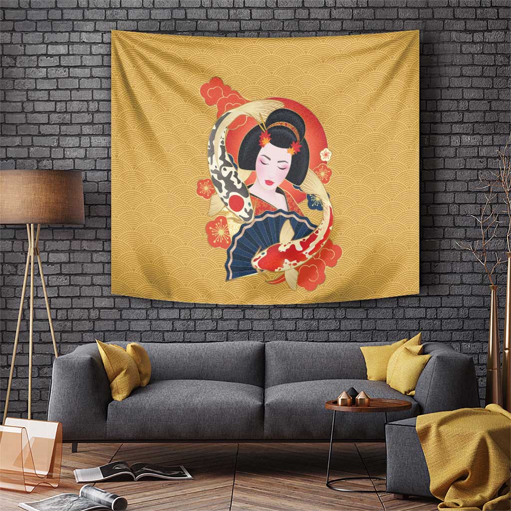 Japanese Geisha Koi Fish Tapestry Cherry Blossoms Yellow Seigaiha Pattern - Wonder Print Shop