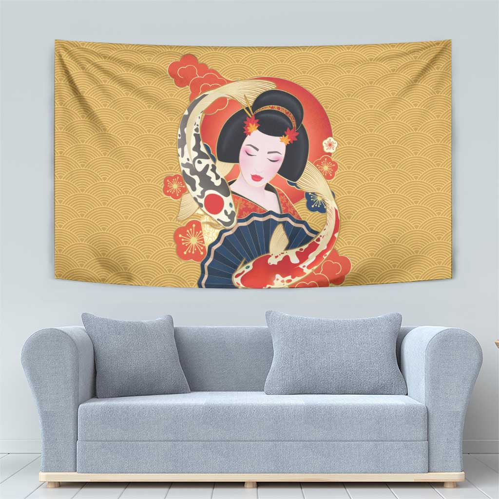 Japanese Geisha Koi Fish Tapestry Cherry Blossoms Yellow Seigaiha Pattern - Wonder Print Shop