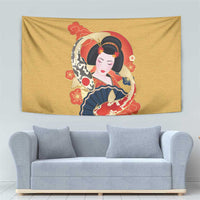 Japanese Geisha Koi Fish Tapestry Cherry Blossoms Yellow Seigaiha Pattern - Wonder Print Shop