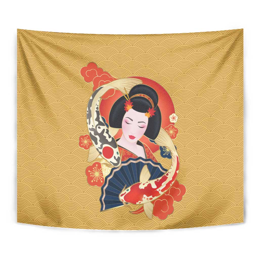 Japanese Geisha Koi Fish Tapestry Cherry Blossoms Yellow Seigaiha Pattern - Wonder Print Shop