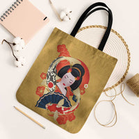 Japanese Geisha Koi Fish Tote Bag Cherry Blossoms Yellow Seigaiha Pattern - Wonder Print Shop