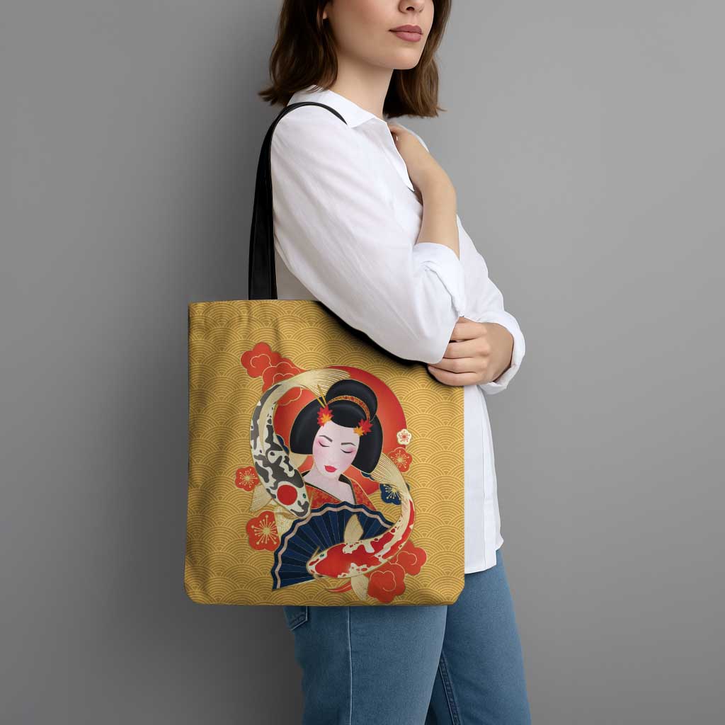 Japanese Geisha Koi Fish Tote Bag Cherry Blossoms Yellow Seigaiha Pattern - Wonder Print Shop