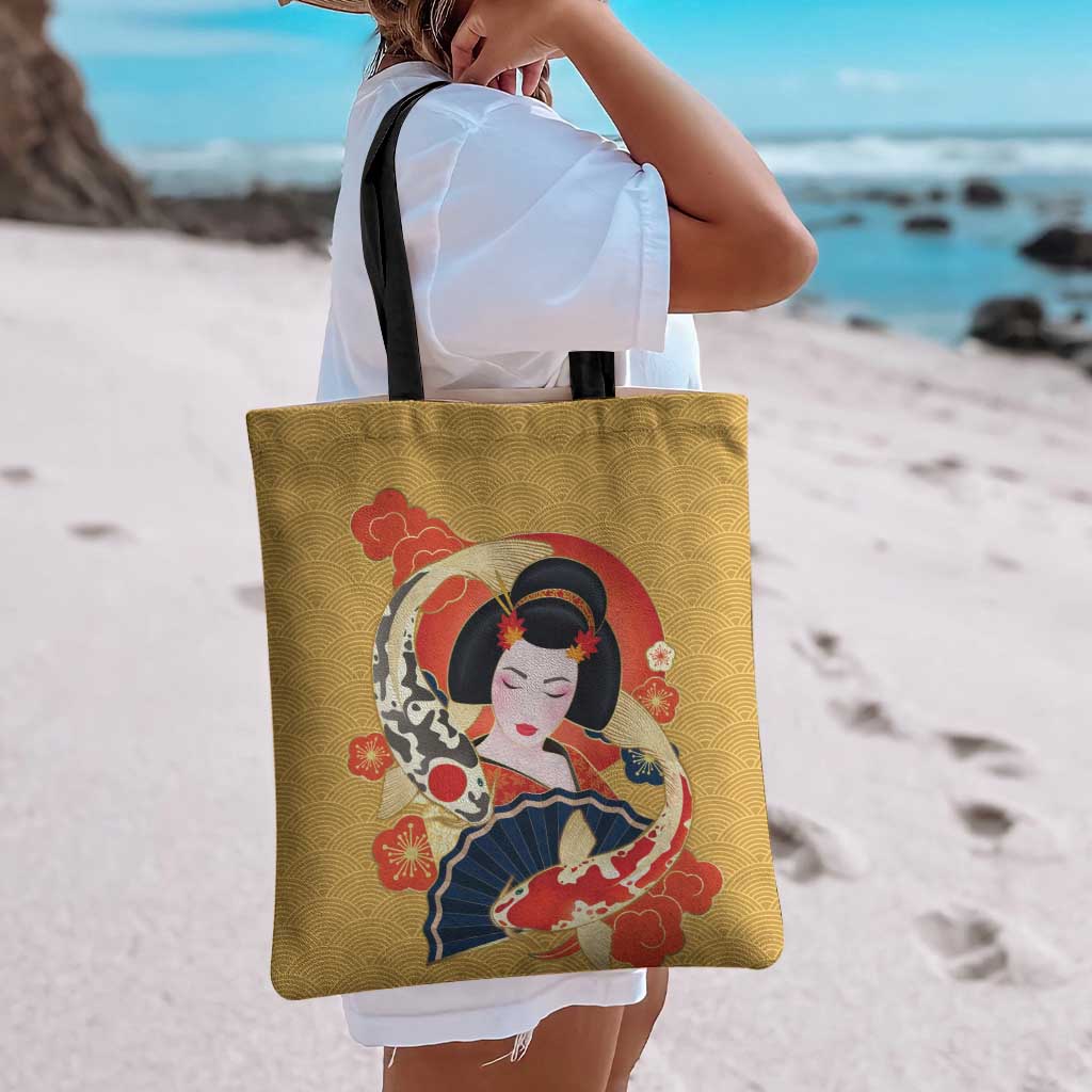 Japanese Geisha Koi Fish Tote Bag Cherry Blossoms Yellow Seigaiha Pattern - Wonder Print Shop