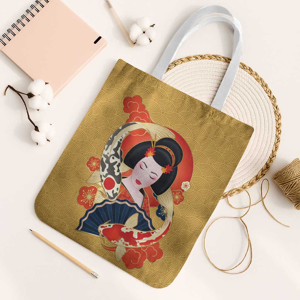 Japanese Geisha Koi Fish Tote Bag Cherry Blossoms Yellow Seigaiha Pattern - Wonder Print Shop