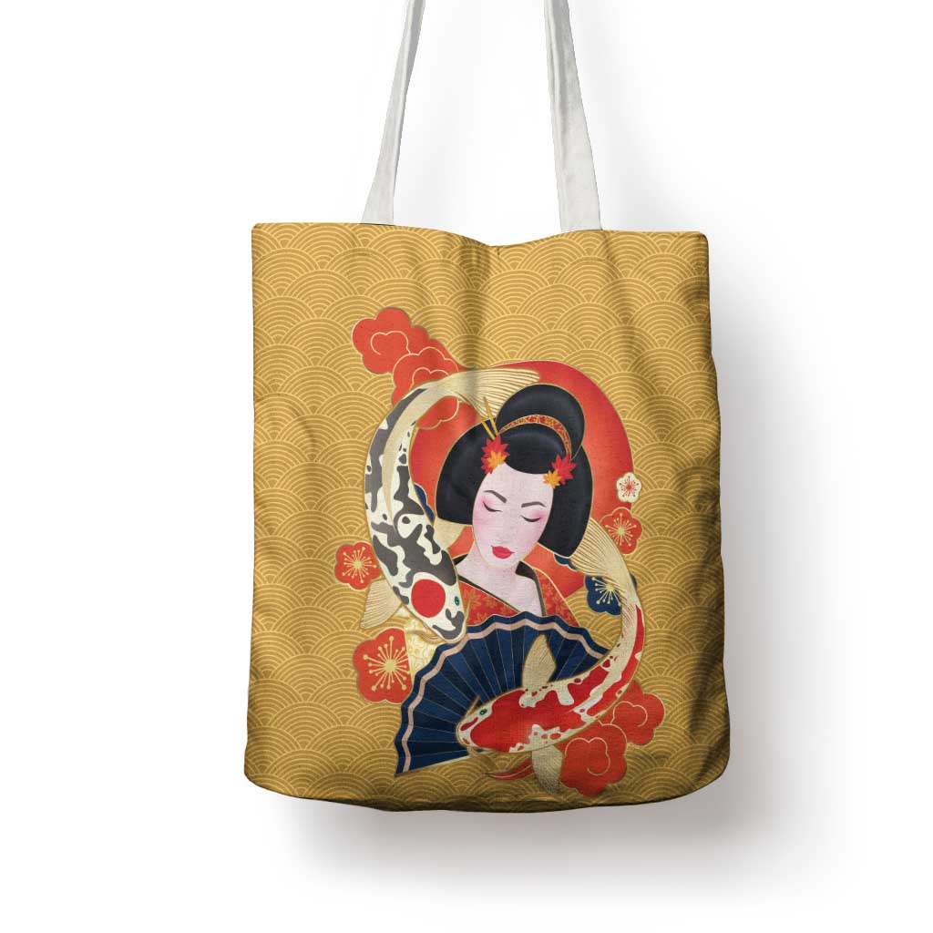 Japanese Geisha Koi Fish Tote Bag Cherry Blossoms Yellow Seigaiha Pattern - Wonder Print Shop