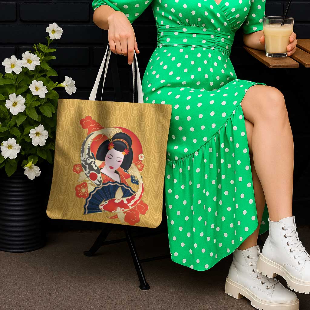 Japanese Geisha Koi Fish Tote Bag Cherry Blossoms Yellow Seigaiha Pattern - Wonder Print Shop