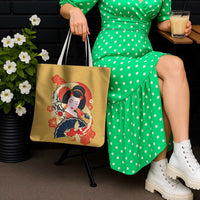 Japanese Geisha Koi Fish Tote Bag Cherry Blossoms Yellow Seigaiha Pattern - Wonder Print Shop