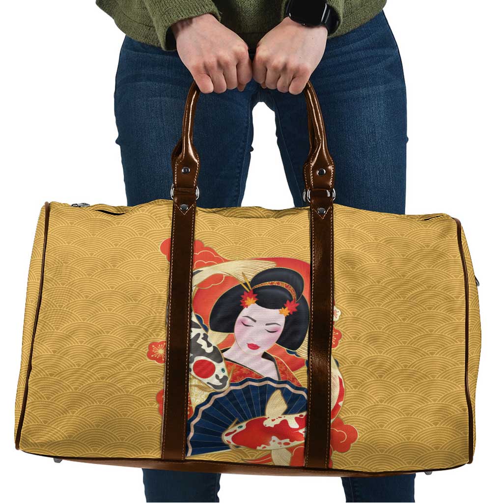 Japanese Geisha Koi Fish Travel Bag Cherry Blossoms Yellow Seigaiha Pattern - Wonder Print Shop