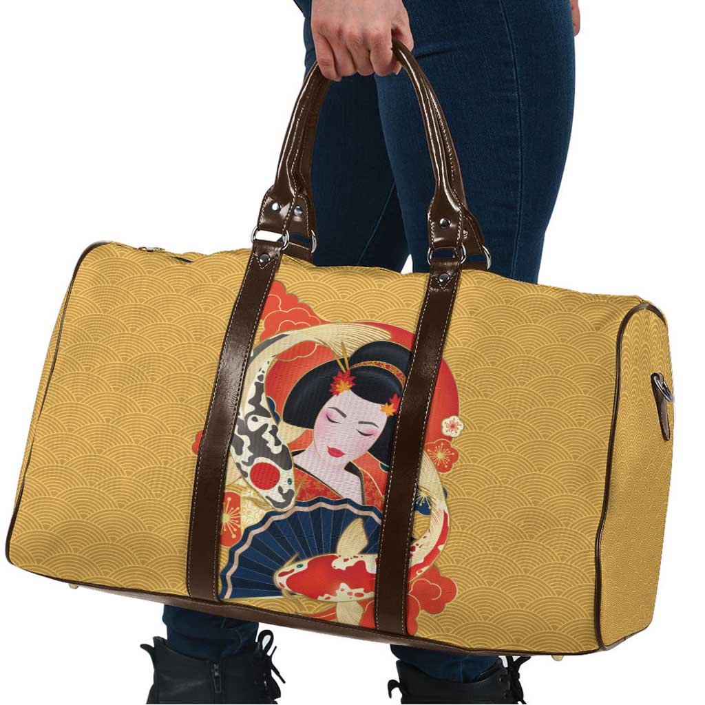 Japanese Geisha Koi Fish Travel Bag Cherry Blossoms Yellow Seigaiha Pattern - Wonder Print Shop