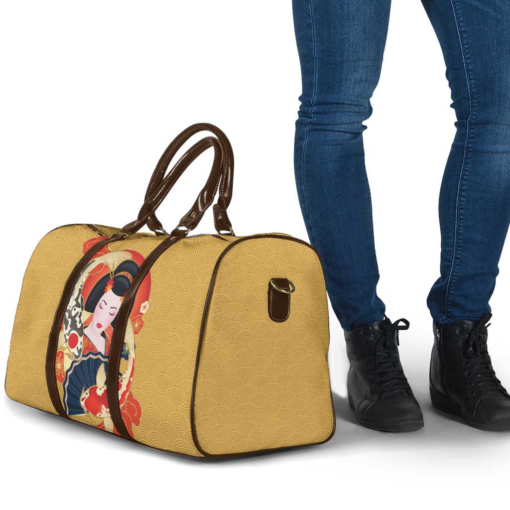 Japanese Geisha Koi Fish Travel Bag Cherry Blossoms Yellow Seigaiha Pattern - Wonder Print Shop