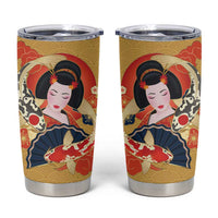 Japanese Geisha Koi Fish Tumbler Cup Cherry Blossoms Yellow Seigaiha Pattern - Wonder Print Shop