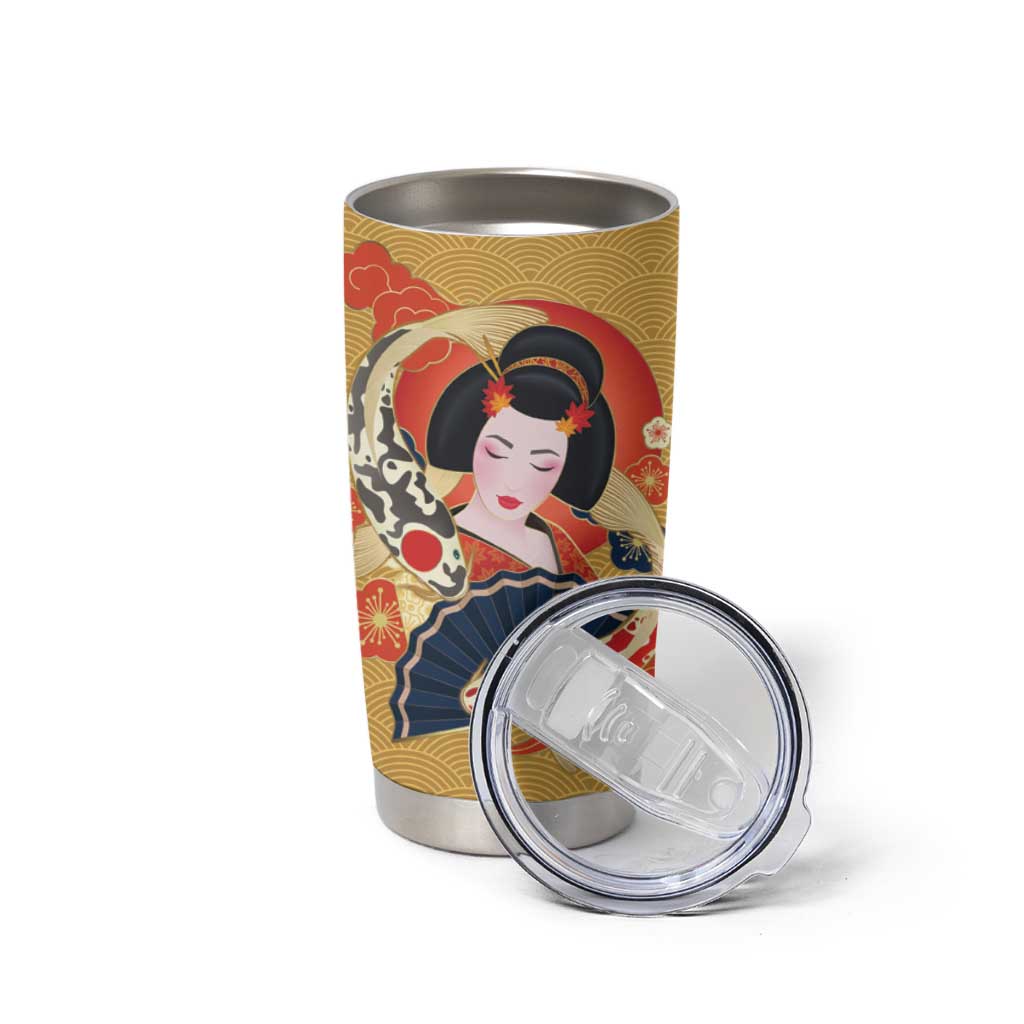Japanese Geisha Koi Fish Tumbler Cup Cherry Blossoms Yellow Seigaiha Pattern - Wonder Print Shop