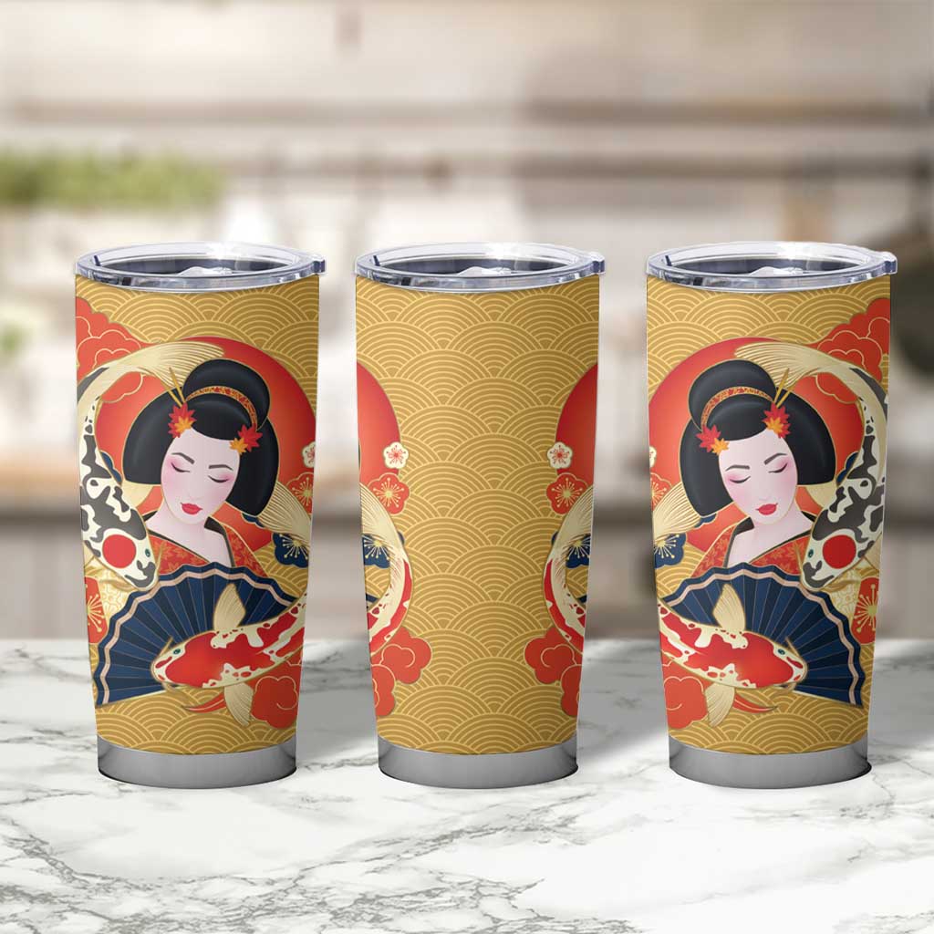 Japanese Geisha Koi Fish Tumbler Cup Cherry Blossoms Yellow Seigaiha Pattern - Wonder Print Shop