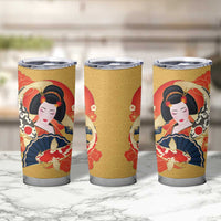 Japanese Geisha Koi Fish Tumbler Cup Cherry Blossoms Yellow Seigaiha Pattern - Wonder Print Shop