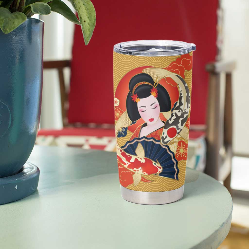 Japanese Geisha Koi Fish Tumbler Cup Cherry Blossoms Yellow Seigaiha Pattern - Wonder Print Shop
