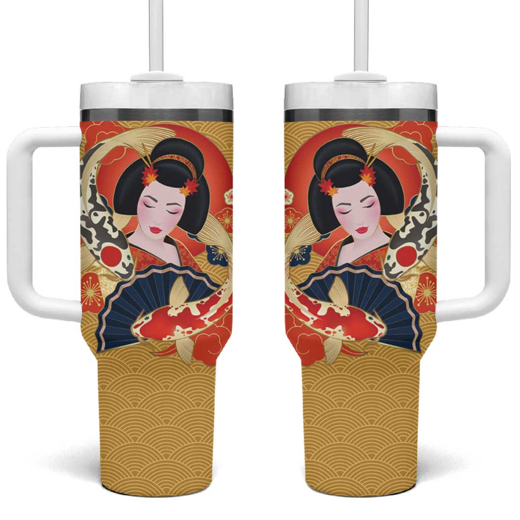 Japanese Geisha Koi Fish Tumbler With Handle Cherry Blossoms Yellow Seigaiha Pattern - Wonder Print Shop