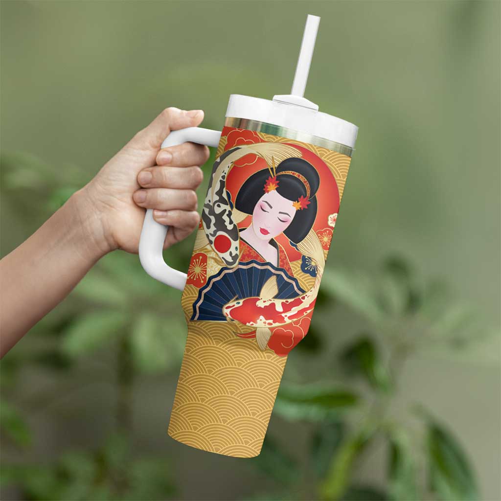 Japanese Geisha Koi Fish Tumbler With Handle Cherry Blossoms Yellow Seigaiha Pattern - Wonder Print Shop