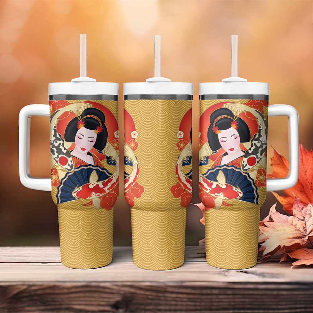 Japanese Geisha Koi Fish Tumbler With Handle Cherry Blossoms Yellow Seigaiha Pattern - Wonder Print Shop
