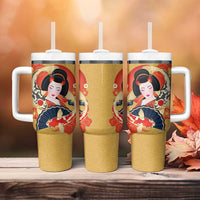 Japanese Geisha Koi Fish Tumbler With Handle Cherry Blossoms Yellow Seigaiha Pattern - Wonder Print Shop