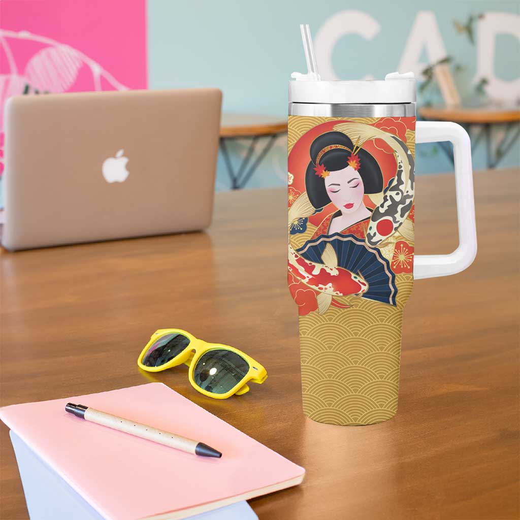 Japanese Geisha Koi Fish Tumbler With Handle Cherry Blossoms Yellow Seigaiha Pattern - Wonder Print Shop