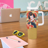 Japanese Geisha Koi Fish Tumbler With Handle Cherry Blossoms Yellow Seigaiha Pattern - Wonder Print Shop