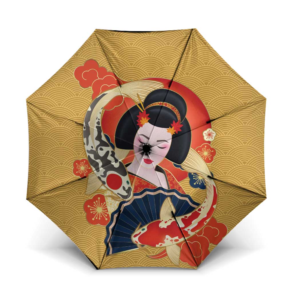 Japanese Geisha Koi Fish Umbrella Cherry Blossoms Yellow Seigaiha Pattern - Wonder Print Shop