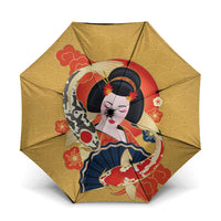 Japanese Geisha Koi Fish Umbrella Cherry Blossoms Yellow Seigaiha Pattern - Wonder Print Shop