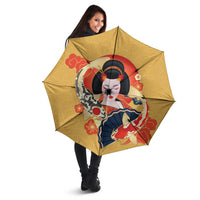 Japanese Geisha Koi Fish Umbrella Cherry Blossoms Yellow Seigaiha Pattern - Wonder Print Shop