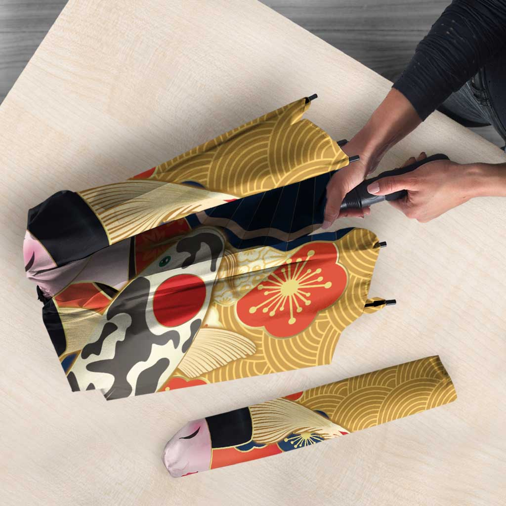 Japanese Geisha Koi Fish Umbrella Cherry Blossoms Yellow Seigaiha Pattern - Wonder Print Shop
