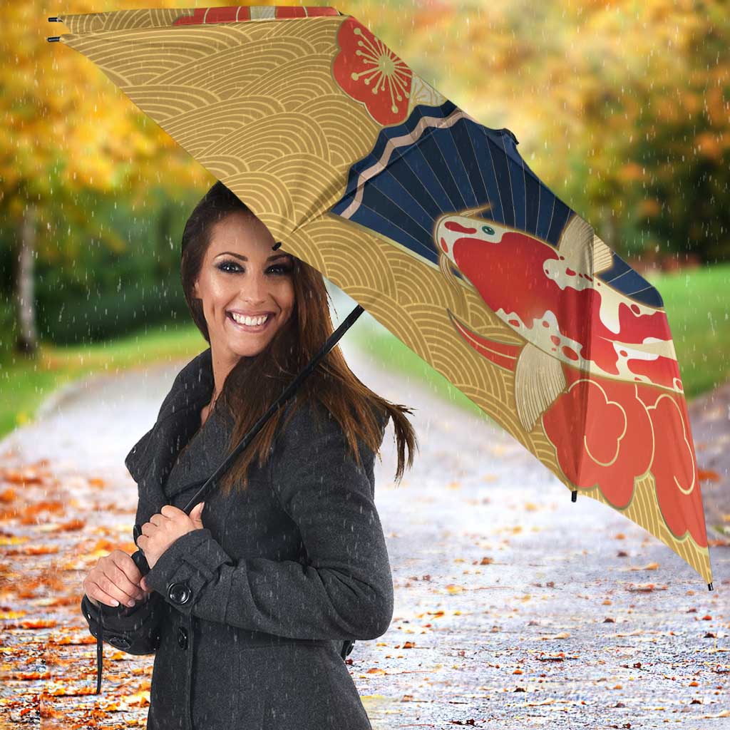 Japanese Geisha Koi Fish Umbrella Cherry Blossoms Yellow Seigaiha Pattern - Wonder Print Shop