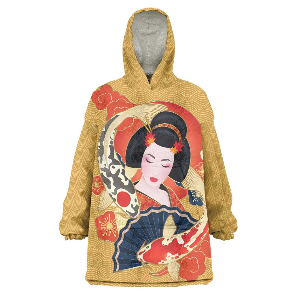Japanese Geisha Koi Fish Wearable Blanket Hoodie Cherry Blossoms Yellow Seigaiha Pattern - Wonder Print Shop
