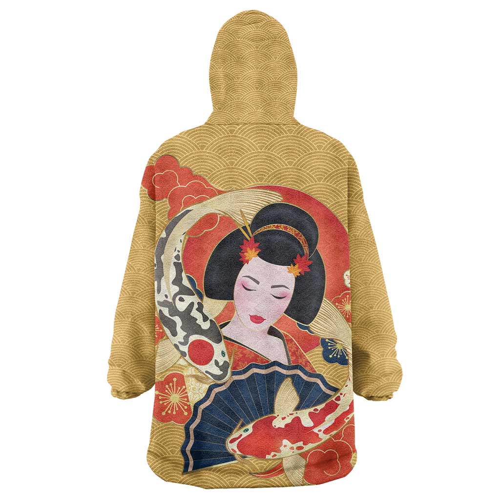 Japanese Geisha Koi Fish Wearable Blanket Hoodie Cherry Blossoms Yellow Seigaiha Pattern - Wonder Print Shop