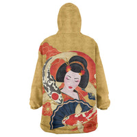 Japanese Geisha Koi Fish Wearable Blanket Hoodie Cherry Blossoms Yellow Seigaiha Pattern - Wonder Print Shop