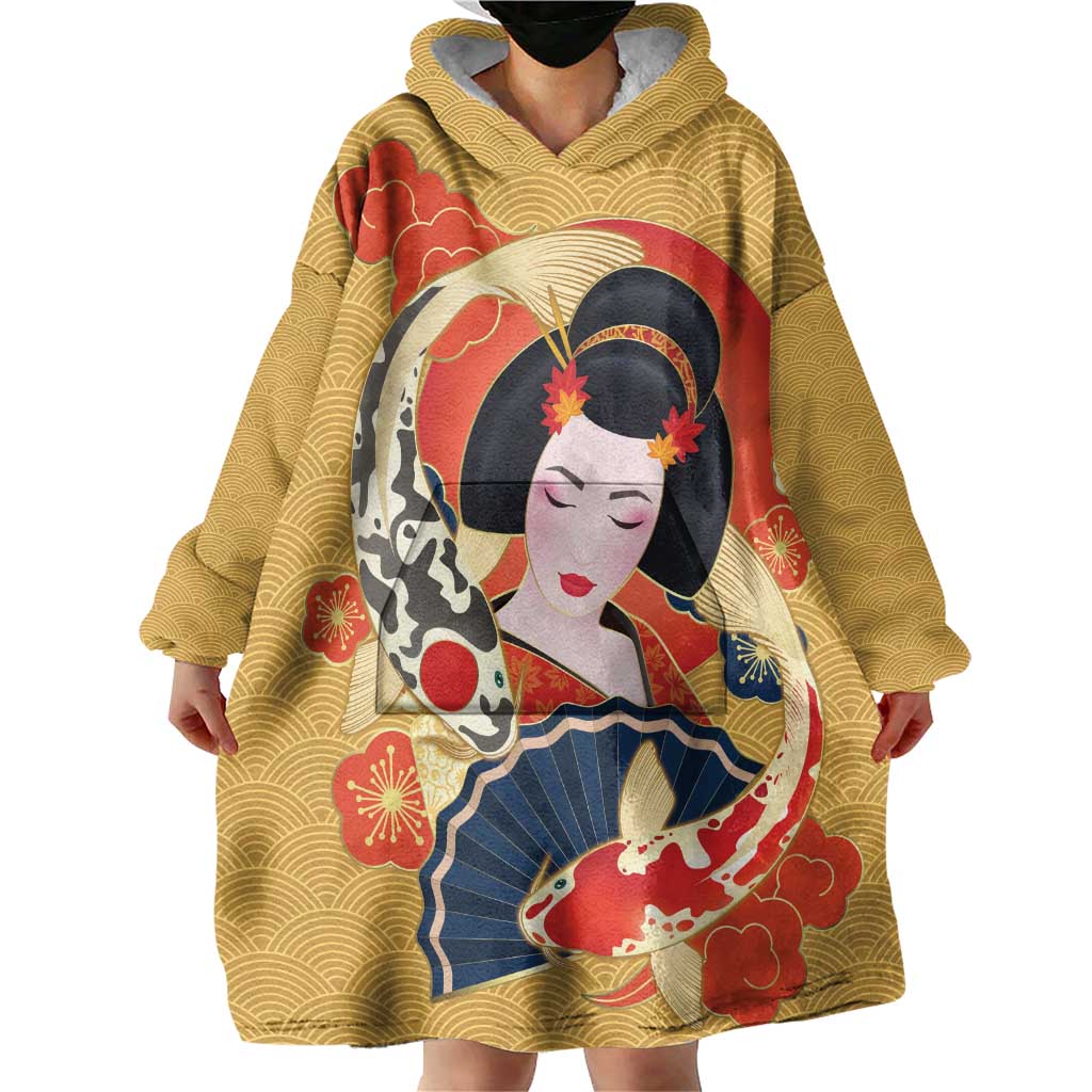 Japanese Geisha Koi Fish Wearable Blanket Hoodie Cherry Blossoms Yellow Seigaiha Pattern - Wonder Print Shop