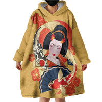 Japanese Geisha Koi Fish Wearable Blanket Hoodie Cherry Blossoms Yellow Seigaiha Pattern - Wonder Print Shop