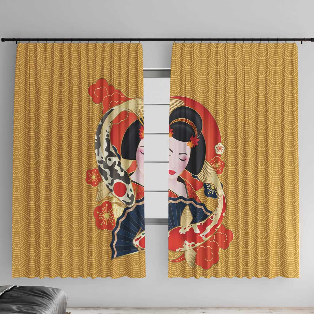 Japanese Geisha Koi Fish Window Curtain Cherry Blossoms Yellow Seigaiha Pattern - Wonder Print Shop
