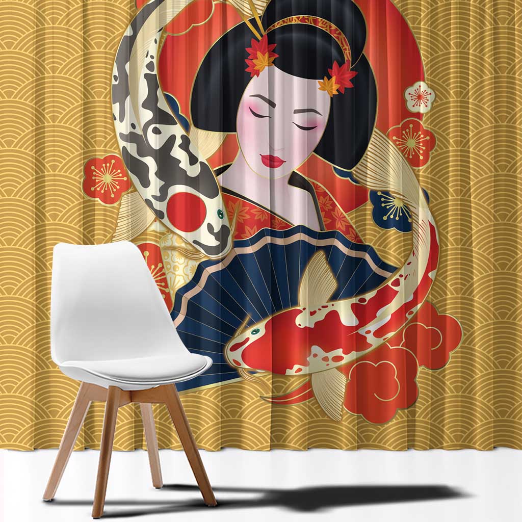 Japanese Geisha Koi Fish Window Curtain Cherry Blossoms Yellow Seigaiha Pattern - Wonder Print Shop