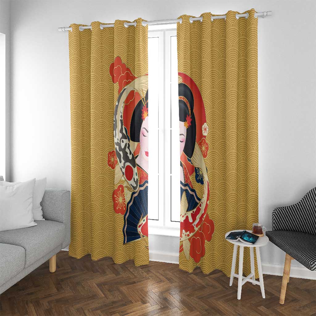 Japanese Geisha Koi Fish Window Curtain Cherry Blossoms Yellow Seigaiha Pattern - Wonder Print Shop
