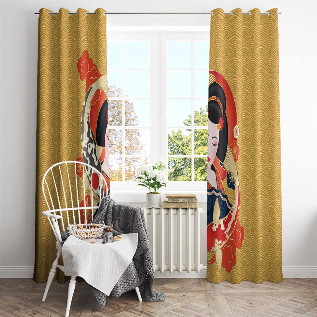 Japanese Geisha Koi Fish Window Curtain Cherry Blossoms Yellow Seigaiha Pattern - Wonder Print Shop