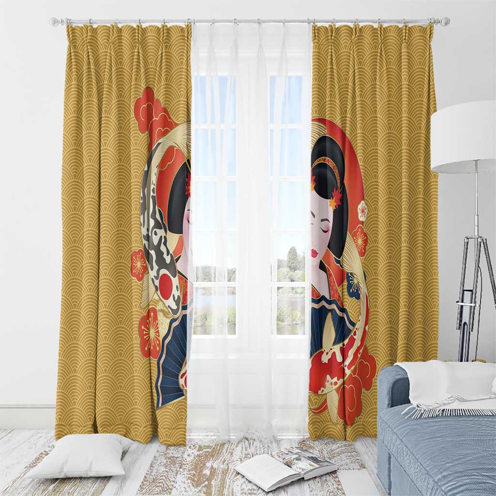 Japanese Geisha Koi Fish Window Curtain Cherry Blossoms Yellow Seigaiha Pattern - Wonder Print Shop