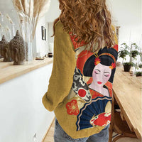 Japanese Geisha Koi Fish Women Casual Shirt Cherry Blossoms Yellow Seigaiha Pattern - Wonder Print Shop