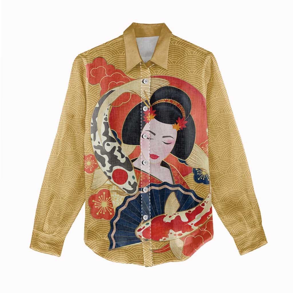Japanese Geisha Koi Fish Women Casual Shirt Cherry Blossoms Yellow Seigaiha Pattern - Wonder Print Shop