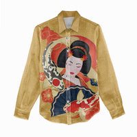 Japanese Geisha Koi Fish Women Casual Shirt Cherry Blossoms Yellow Seigaiha Pattern - Wonder Print Shop