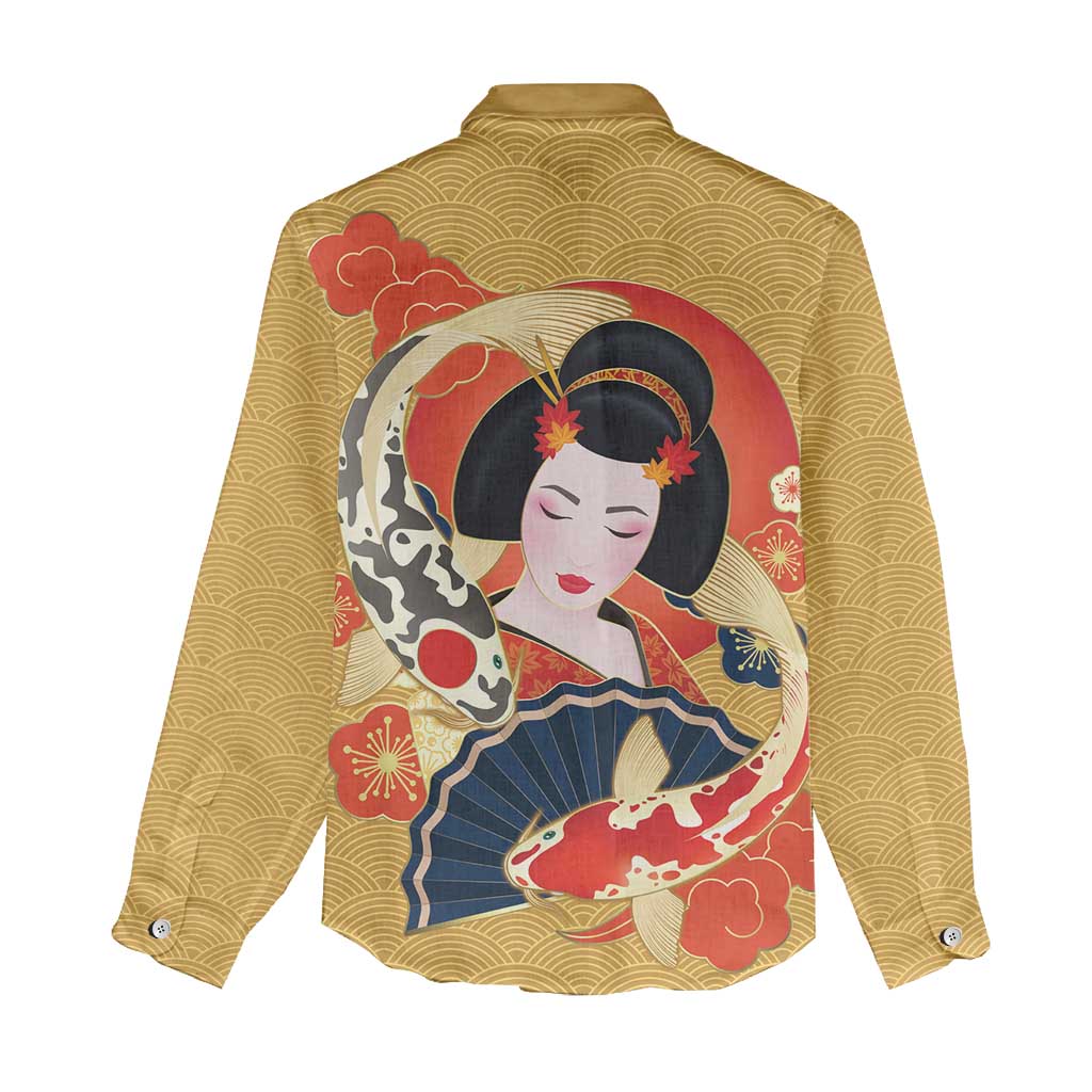 Japanese Geisha Koi Fish Women Casual Shirt Cherry Blossoms Yellow Seigaiha Pattern - Wonder Print Shop