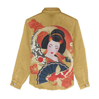 Japanese Geisha Koi Fish Women Casual Shirt Cherry Blossoms Yellow Seigaiha Pattern - Wonder Print Shop
